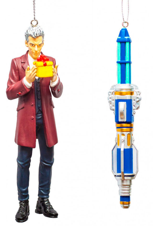 Hickoryville Doctor Who 12th Doctor Sonic Screwdriver & Tardis with Christmas Wreath 3 Piece Ornament Bundle